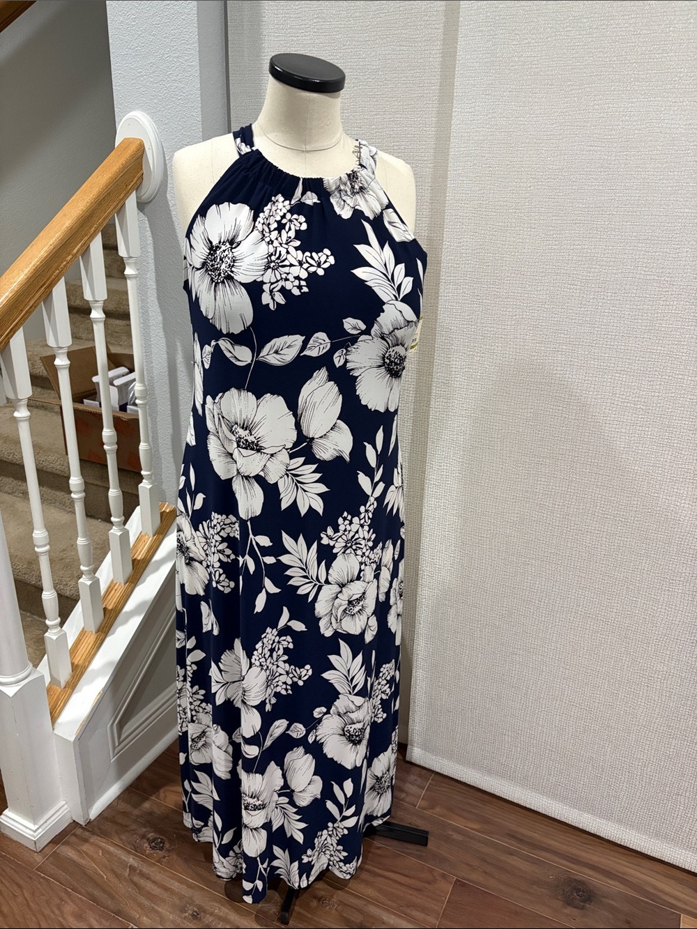 Anne Klein Navy Maxi Dress with White Floral Print